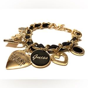 Guess Charm Bracelet Hearts Gold Tone Black Ribbon Woven-1244